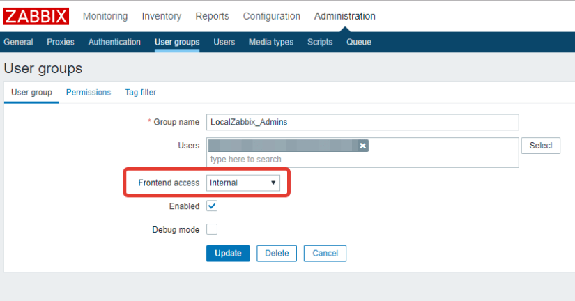 Группа для локального доступа в Zabbix