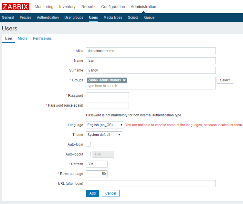 Добавление доменного пользователя в Zabbix